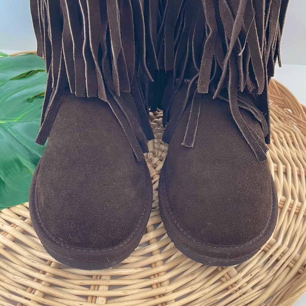 Minnetonka NWOT Moccasin brown suede fringe hippie boho faux fur boots size 6 - Picture 10 of 14